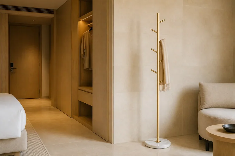 Gold marble-base coat rack presented in a hospitality interior