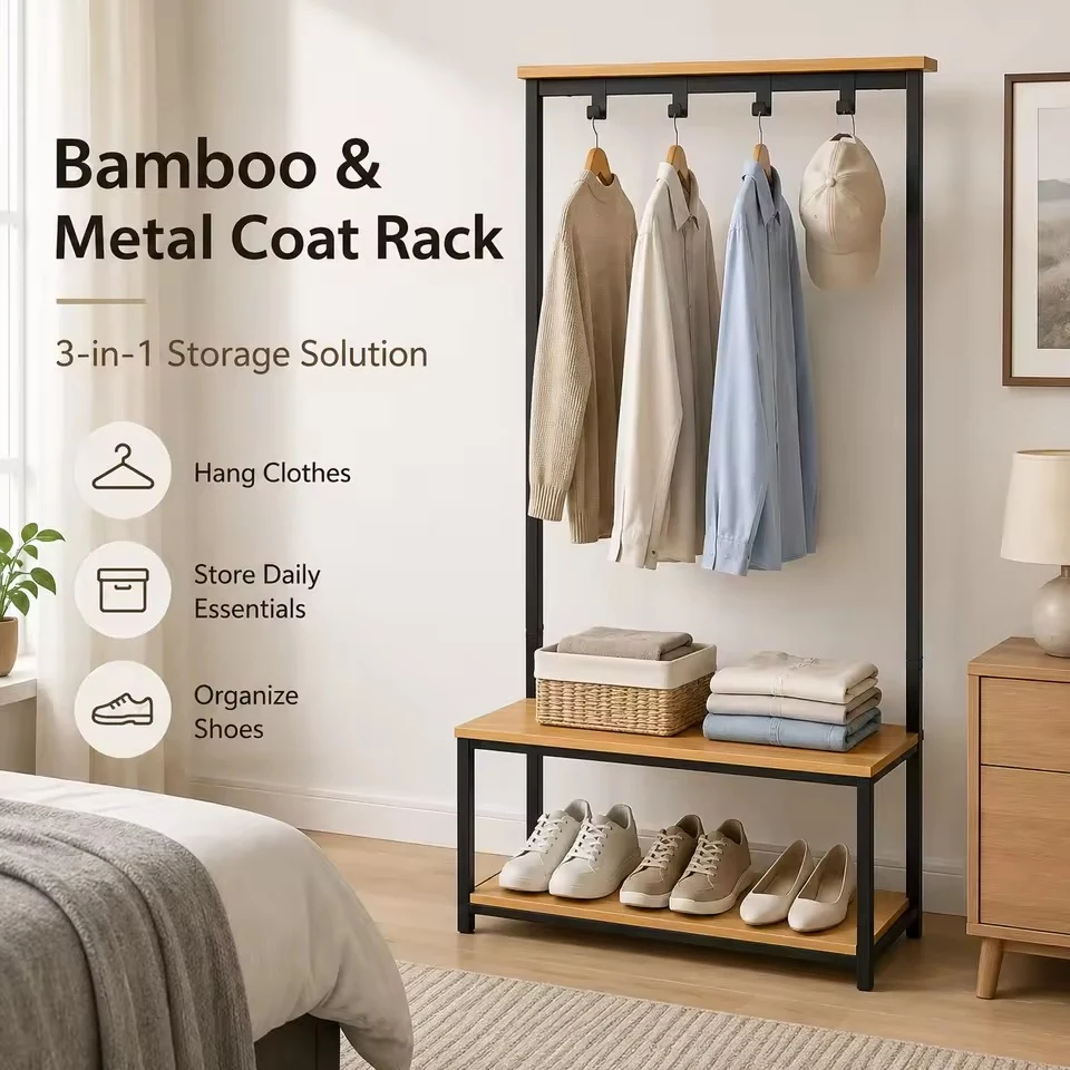 Bamboo and metal coat rack with hooks, bench surface and shoe storage
